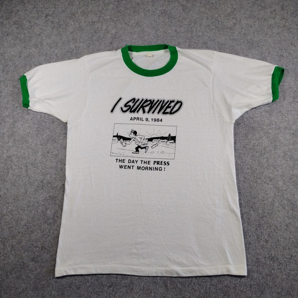 Vintage 80s I Survived The Day The Press Went Morning Ringer T-Shirt White‎ M